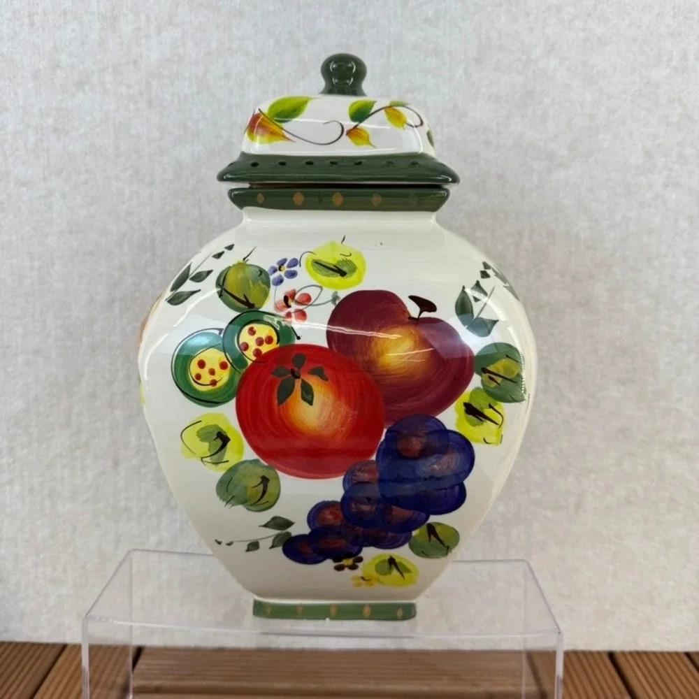 Nonni's Biscotti Cookie Jar Canister Fruits & Vines Hand Painted from Italy VTG